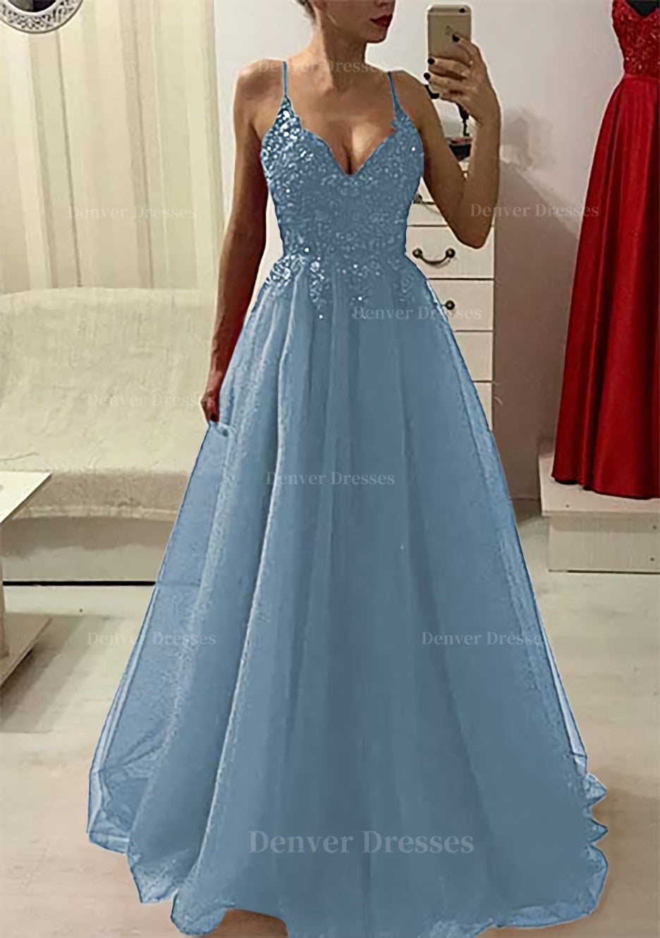 Bridesmaids Dresses Modest, A-line/Princess V Neck Sleeveless Long/Floor-Length Prom Dress With Appliqued Beading