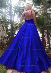 Tulle Dress, A-line/Princess V Neck Sleeveless Long/Floor-Length Satin Prom Dress
