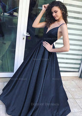 Prom Dress Aesthetic, A-line/Princess V Neck Sleeveless Long/Floor-Length Satin Prom Dress
