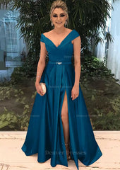 Satin Dress, A-line/Princess V Neck Sleeveless Long/Floor-Length Satin Prom Dress With Split Beading