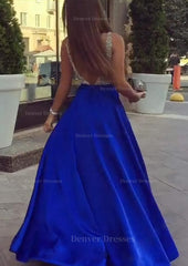 Prom Dress Style, A-line/Princess V Neck Sleeveless Long/Floor-Length Satin Prom Dresses With Sequins