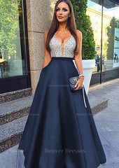 Prom Dress On Sale, A-line/Princess V Neck Sleeveless Long/Floor-Length Satin Prom Dresses With Sequins