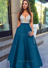 Prom Dress2047, A-line/Princess V Neck Sleeveless Long/Floor-Length Satin Prom Dresses With Sequins