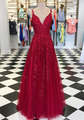 Princess Prom Dress, A-line/Princess V Neck Sleeveless Long/Floor-Length Tulle Prom Dress With Appliqued