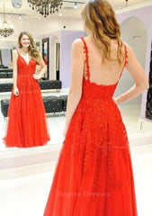 Glamorous Dress, A-line/Princess V Neck Sleeveless Long/Floor-Length Tulle Prom Dress With Appliqued