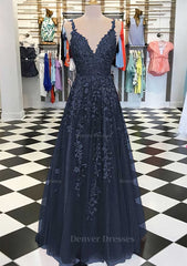 Black Long Dress, A-line/Princess V Neck Sleeveless Long/Floor-Length Tulle Prom Dress With Appliqued
