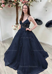 Bridesmaids Dresses Vintage, A-line Princess V Neck Sleeveless Sweep Train Tulle Prom Dress With Appliqued Beading Lace