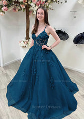 Bridesmaid Dress Winter, A-line Princess V Neck Sleeveless Sweep Train Tulle Prom Dress With Appliqued Beading Lace