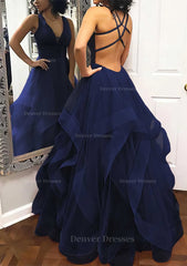 Prom Dress Navy, A-line Princess V Neck Sleeveless Tulle Long/Floor-Length Prom Dress With Pleated