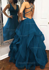 Prom Dress Blush, A-line Princess V Neck Sleeveless Tulle Long/Floor-Length Prom Dress With Pleated