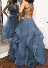 Prom Dresses Blushes, A-line Princess V Neck Sleeveless Tulle Long/Floor-Length Prom Dress With Pleated