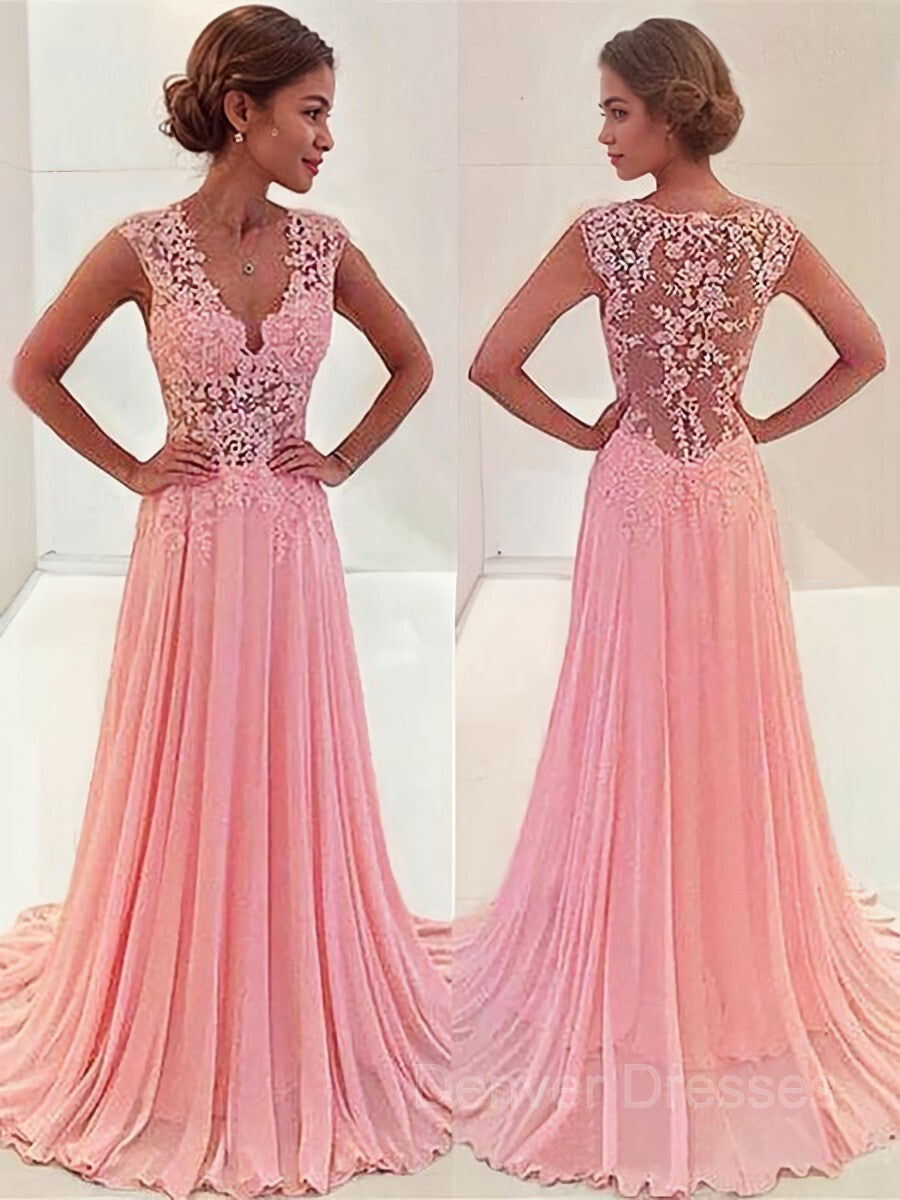 Party Dresses 2036, A-Line/Princess V-neck Sweep Train Chiffon Prom Dresses With Appliques Lace