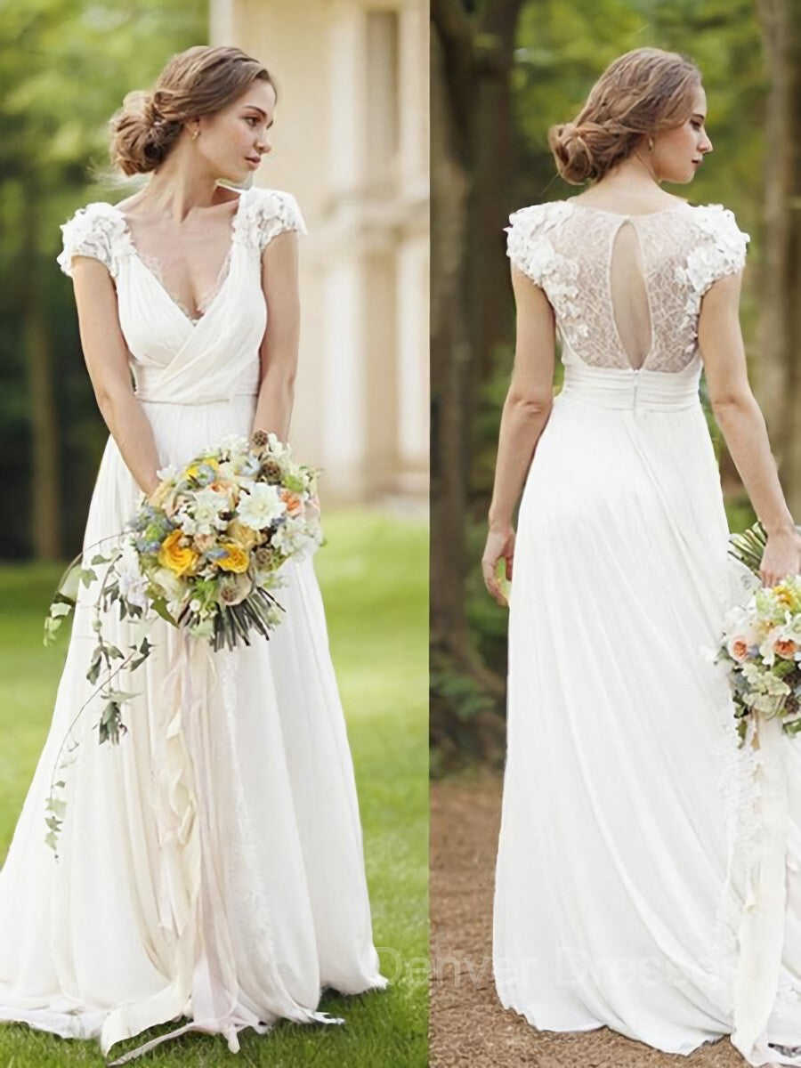 Wedding Dressed Boho, A-Line/Princess V-neck Sweep Train Chiffon Wedding Dresses