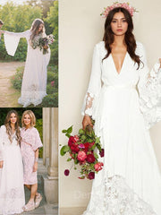 Wedding Dress White, A-Line/Princess V-neck Sweep Train Chiffon Wedding Dresses With Belt/Sash