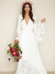 Wedsing Dresses Lace, A-Line/Princess V-neck Sweep Train Chiffon Wedding Dresses With Belt/Sash