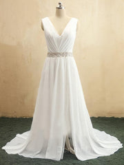 Wedding Dress A Line Lace, A-Line/Princess V-neck Sweep Train Chiffon Wedding Dresses With Leg Slit