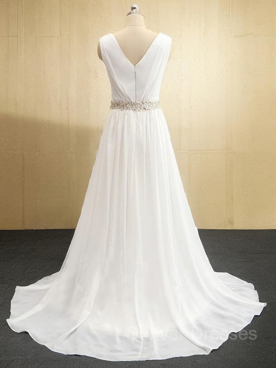 Wedding Dresses And Veils, A-Line/Princess V-neck Sweep Train Chiffon Wedding Dresses With Leg Slit
