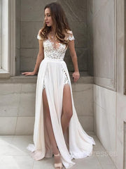 Wedding Dresses Winter, A-Line/Princess V-neck Sweep Train Chiffon Wedding Dresses With Leg Slit