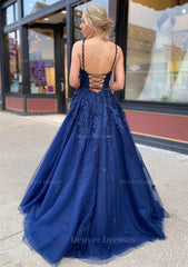 Formal Dresses Online, A-line/Princess V Neck Sweep Train Lace Prom Dresses