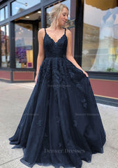 Formal Dress Ideas, A-line/Princess V Neck Sweep Train Lace Prom Dresses