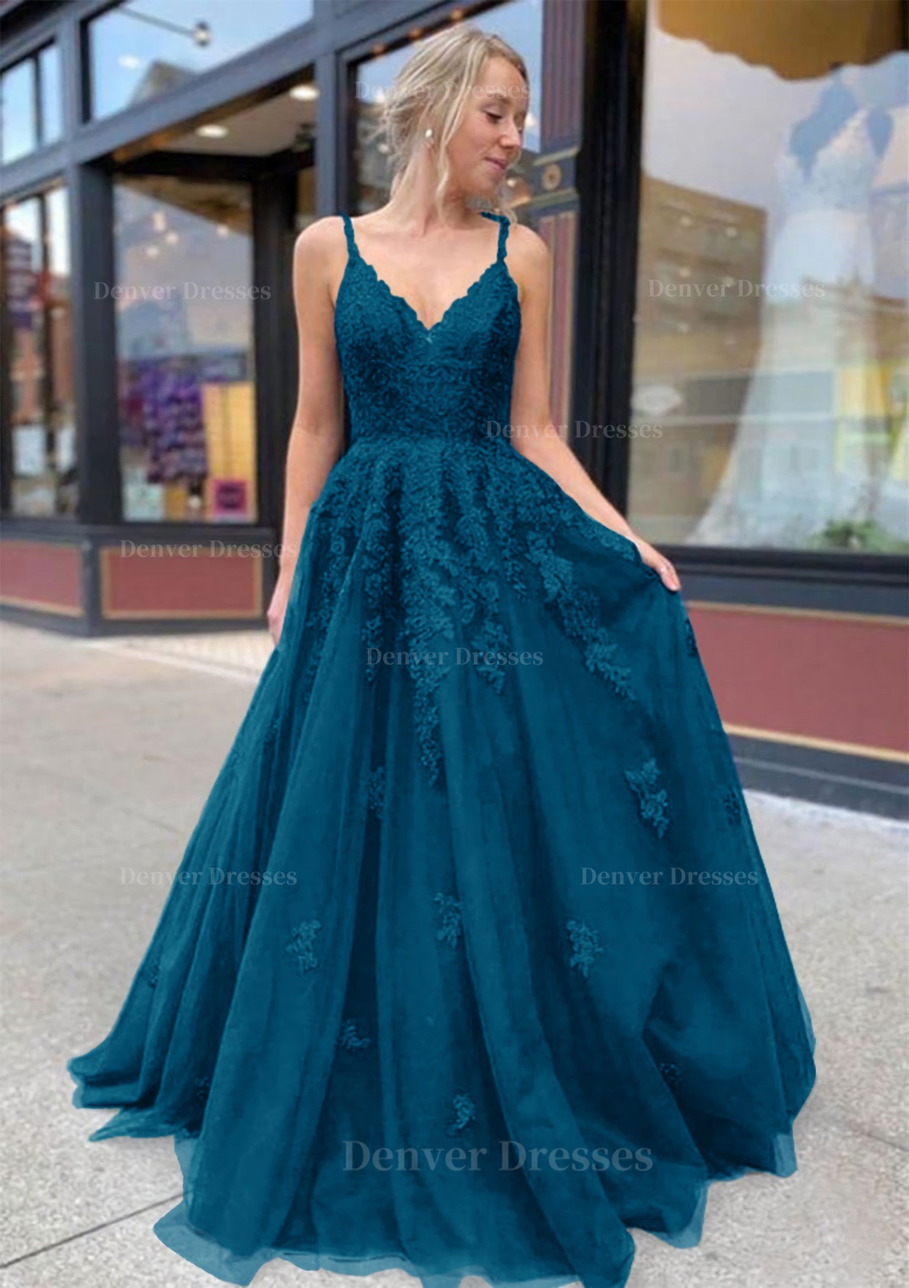 Formal Dress Idea, A-line/Princess V Neck Sweep Train Lace Prom Dresses