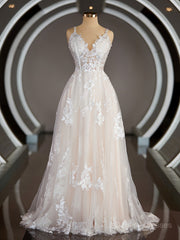Wedding Dresses Colors, A-Line/Princess V-neck Sweep Train Lace Wedding Dresses with Appliques Lace