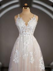 Wedding Dresses Color, A-Line/Princess V-neck Sweep Train Lace Wedding Dresses with Appliques Lace