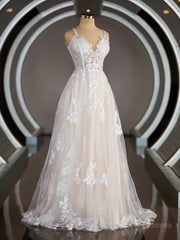 Wedding Dress Colorful, A-Line/Princess V-neck Sweep Train Lace Wedding Dresses with Appliques Lace
