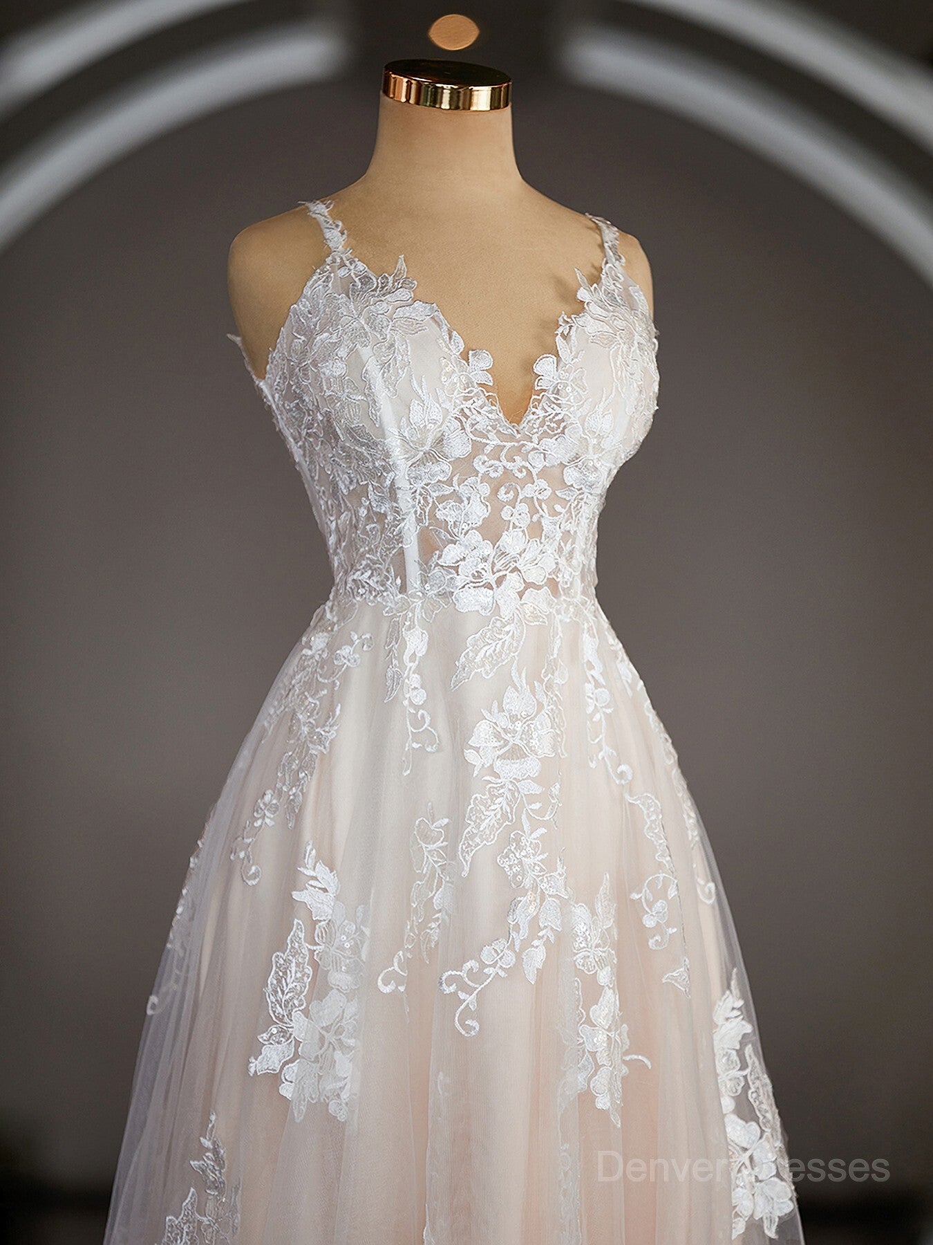 Wedding Dresses Colorful, A-Line/Princess V-neck Sweep Train Lace Wedding Dresses with Appliques Lace Main image