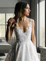 Wedding Dressed With Sleeves, A-Line/Princess V-neck Sweep Train Lace Wedding Dresses With Appliques Lace