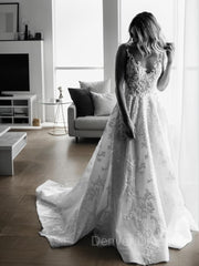 Wedding Dresses For Spring, A-Line/Princess V-neck Sweep Train Lace Wedding Dresses With Appliques Lace