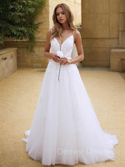 Wedding Dress Fabric, A-Line/Princess V-neck Sweep Train Lace Wedding Dresses With Appliques Lace