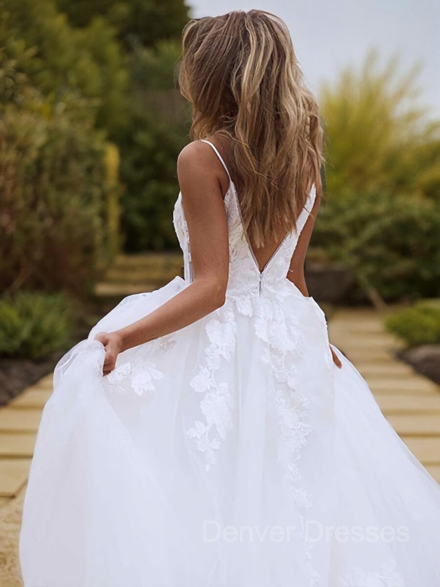 Wedding Dresses Fabric, A-Line/Princess V-neck Sweep Train Lace Wedding Dresses With Appliques Lace