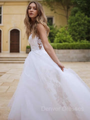 Wedding Dresses With Long Trians, A-Line/Princess V-neck Sweep Train Lace Wedding Dresses With Appliques Lace