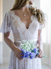 Wedding Dresses Tops, A-Line/Princess V-neck Sweep Train Lace Wedding Dresses With Appliques Lace