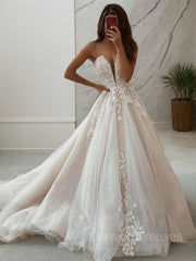 Wedding Dress Lace A Line, A-Line/Princess V-neck Sweep Train Lace Wedding Dresses With Appliques Lace