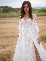 Wedding Dresses Shoulder, A-Line/Princess V-neck Sweep Train Lace Wedding Dresses With Leg Slit