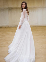 Wedding Dress Shoulders, A-Line/Princess V-neck Sweep Train Lace Wedding Dresses With Leg Slit