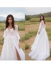 Wedding Dress Shoulder, A-Line/Princess V-neck Sweep Train Lace Wedding Dresses With Leg Slit
