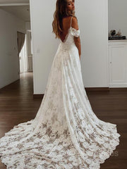 Wedding Dress Jewelry, A-Line/Princess V-neck Sweep Train Lace Wedding Dresses With Leg Slit
