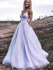 Formal Dresses For Winter, A-Line/Princess V-neck Sweep Train Prom Dresses With Pockets