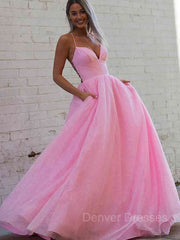 Formal Dresses Pink, A-Line/Princess V-neck Sweep Train Prom Dresses With Pockets
