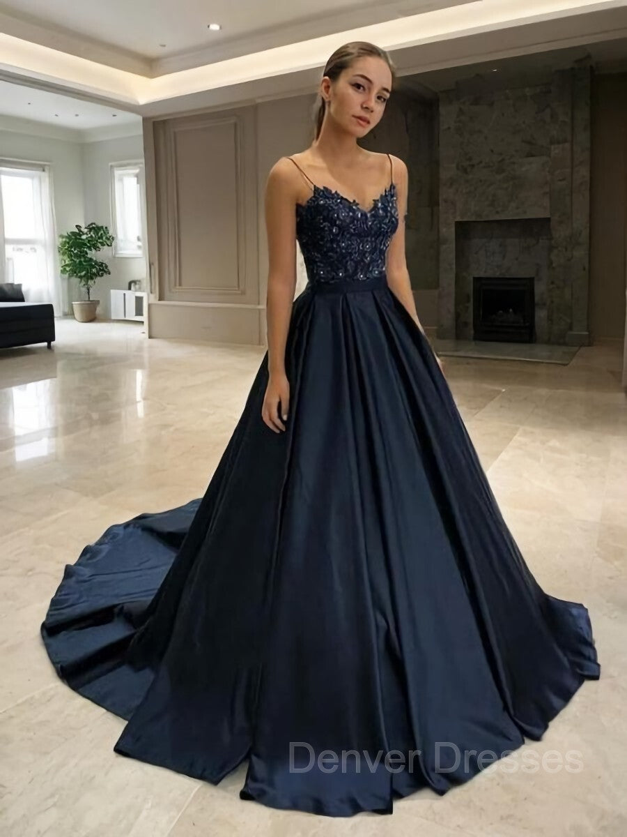Short Formal Dress, A-Line/Princess V-neck Sweep Train Satin Prom Dresses With Appliques Lace