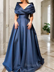 Prom Dresses Designs, A-Line/Princess V-neck Sweep Train Satin Prom Dresses With Ruffles