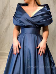 Prom Dress Designs, A-Line/Princess V-neck Sweep Train Satin Prom Dresses With Ruffles