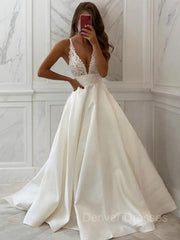 Wedding Dress Style 2026, A-Line/Princess V-neck Sweep Train Satin Wedding Dresses
