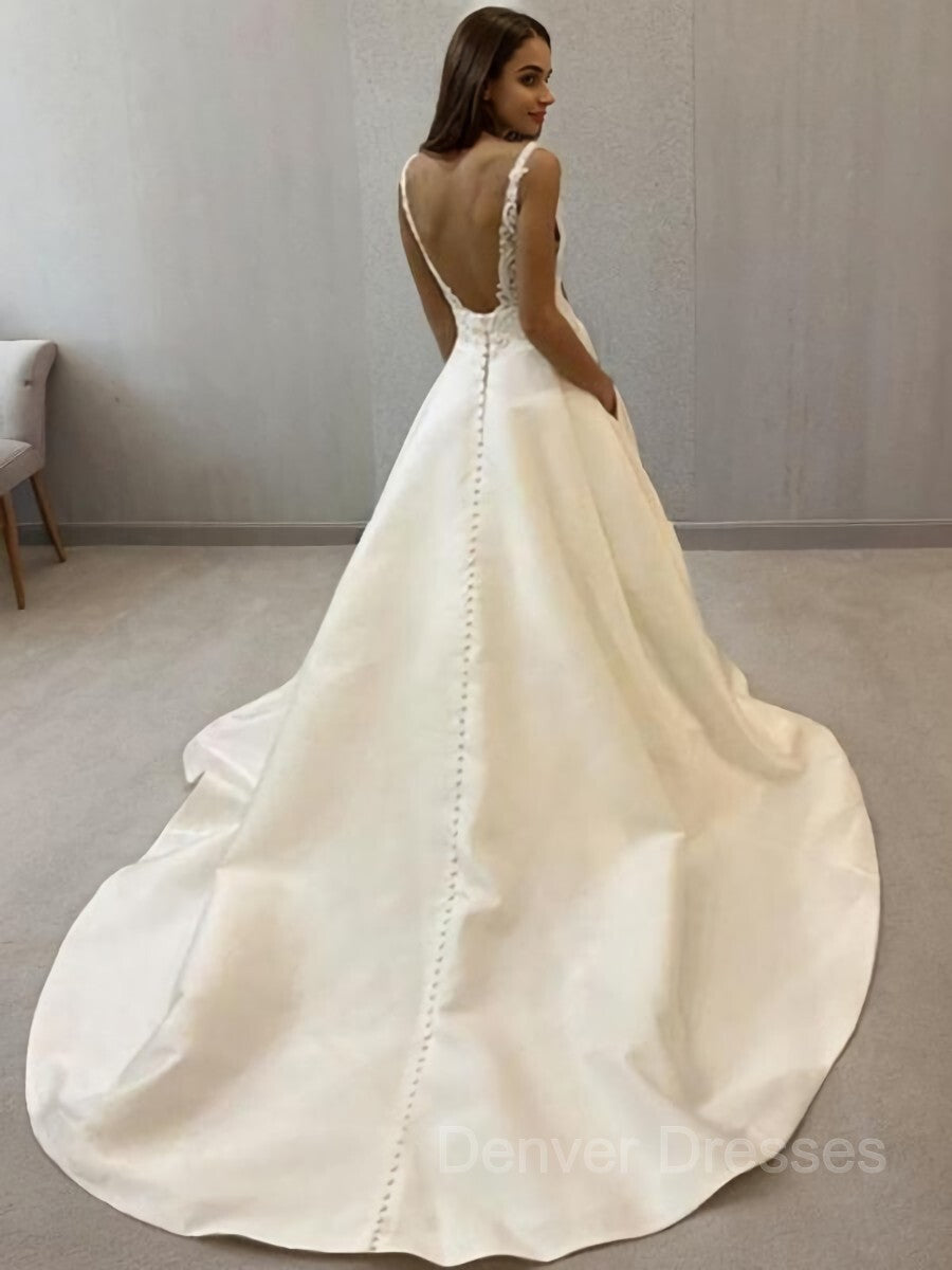 Wedding Dress 2026, A-Line/Princess V-neck Sweep Train Satin Wedding Dresses