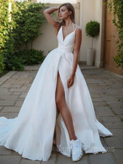 Wedsing Dress Simple, A-Line/Princess V-neck Sweep Train Satin Wedding Dresses With Leg Slit
