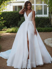 Weddings Dresses Simple, A-Line/Princess V-neck Sweep Train Satin Wedding Dresses With Leg Slit