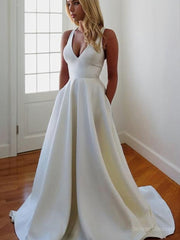 Wedding Dresses Under 306, A-Line/Princess V-neck Sweep Train Stretch Crepe Wedding Dresses